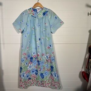 NWOT Caper Coat blue floral snap front house coat sleep dress pocket large Vtg